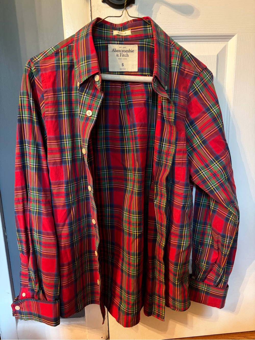 Abercrombie & Fitch Red Plaid Button-Down Shirt with Green & Navy Accents